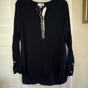 Old Navy Womens Black Tunic Top Blouse White Front Accents Button Up Size M